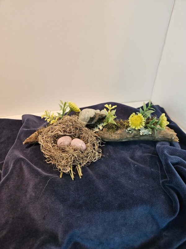 Tree branch with a nest containing two lithium amethyst eggs