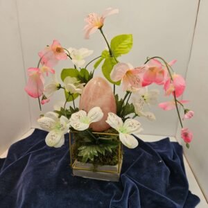 Four-inch red creek jasper heart with flowers on a stand
