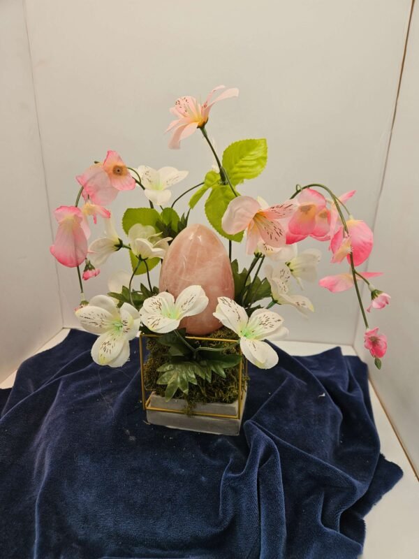 Four-inch red creek jasper heart with flowers on a stand