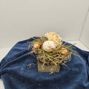 Tree branch with two moss agate hearts, two moss agate spheres