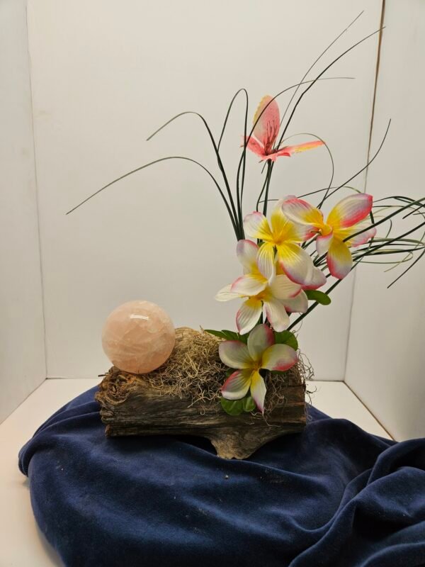 3 inch rose quartz sphere with tropical flowers