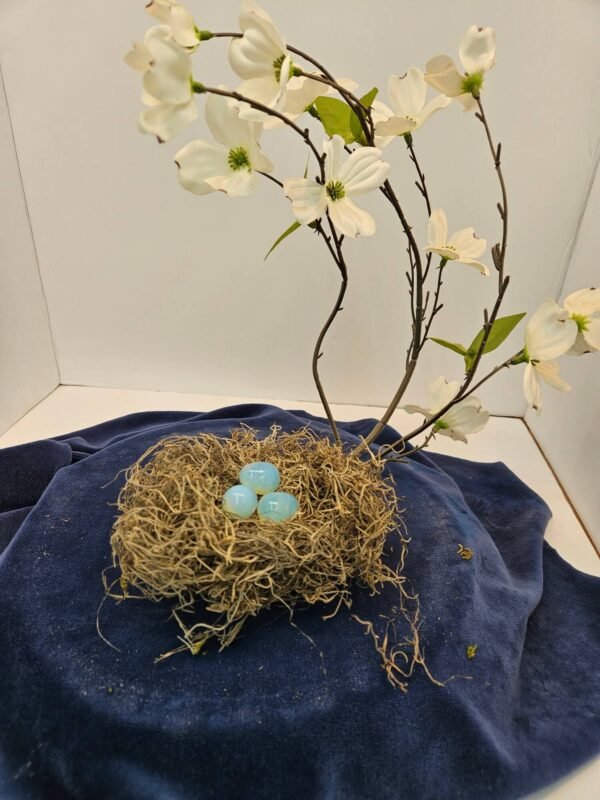 Opal eggs in nest with dogwood flowers
