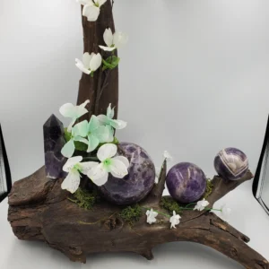 driftwood with amythest spheres