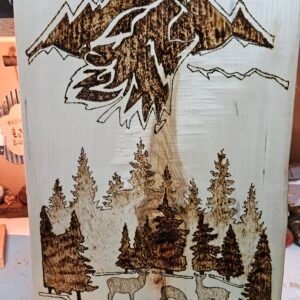 Woodburn deer and mountains on live edge pine