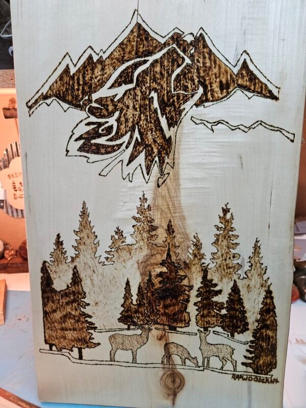 Woodburn deer and mountains on live edge pine
