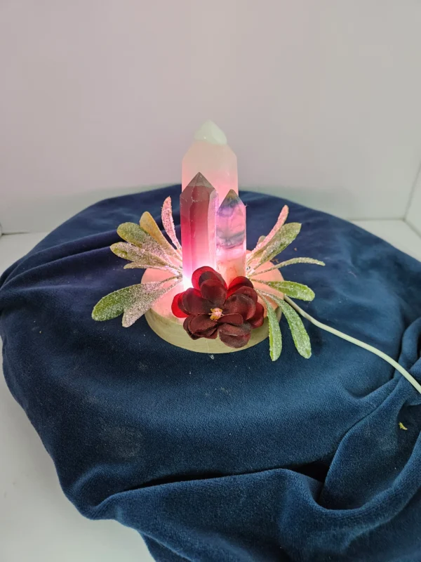 Fluorite and rose quartz towers on lighted stand