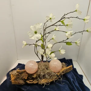 Rose Quartz Spheres with dogwood branch on driftwood