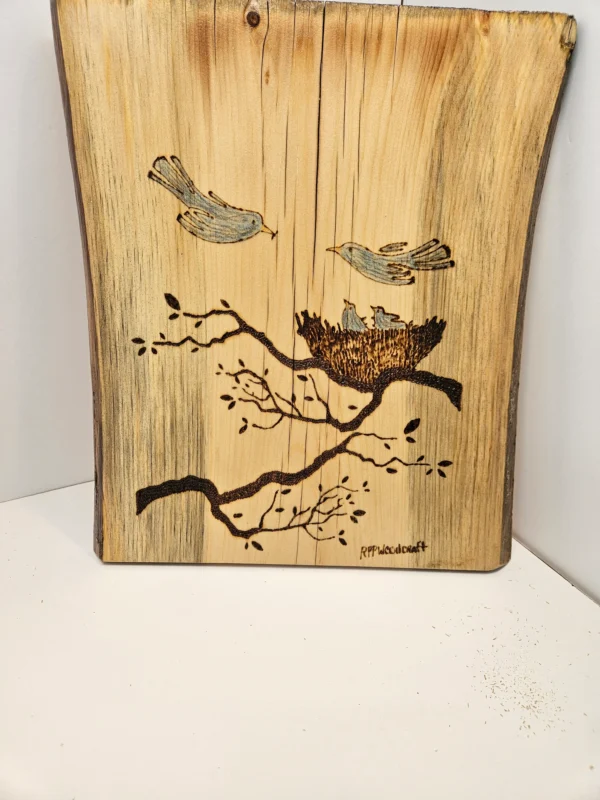 Woodburn birds and nest on live edge pine