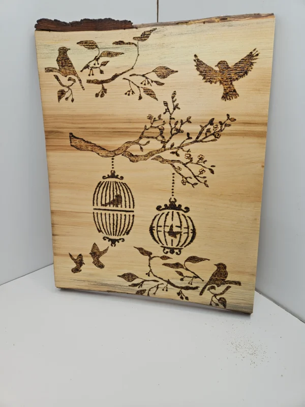 Woodburn birds and cages on live edge pine